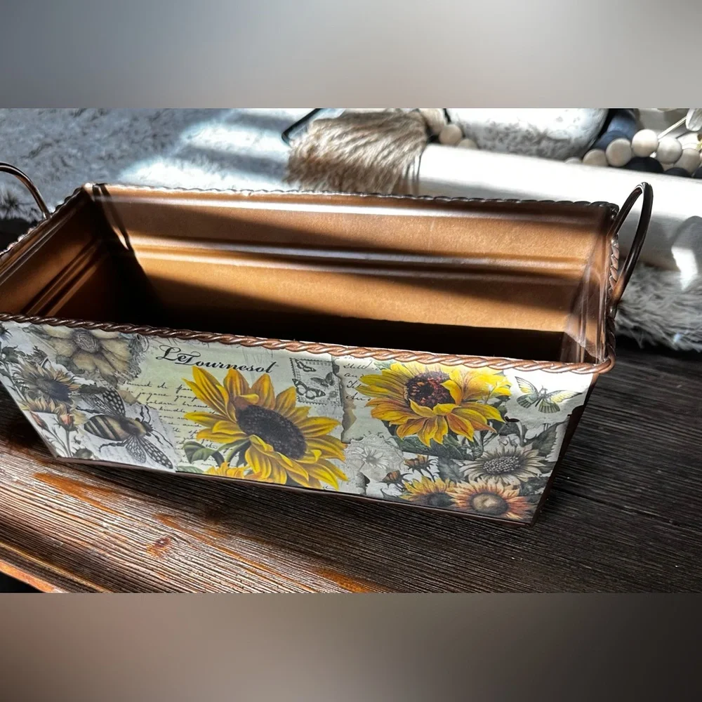 Hand crafted Artisan rustic Floral Metal Storage Bin Brown and Yellow
